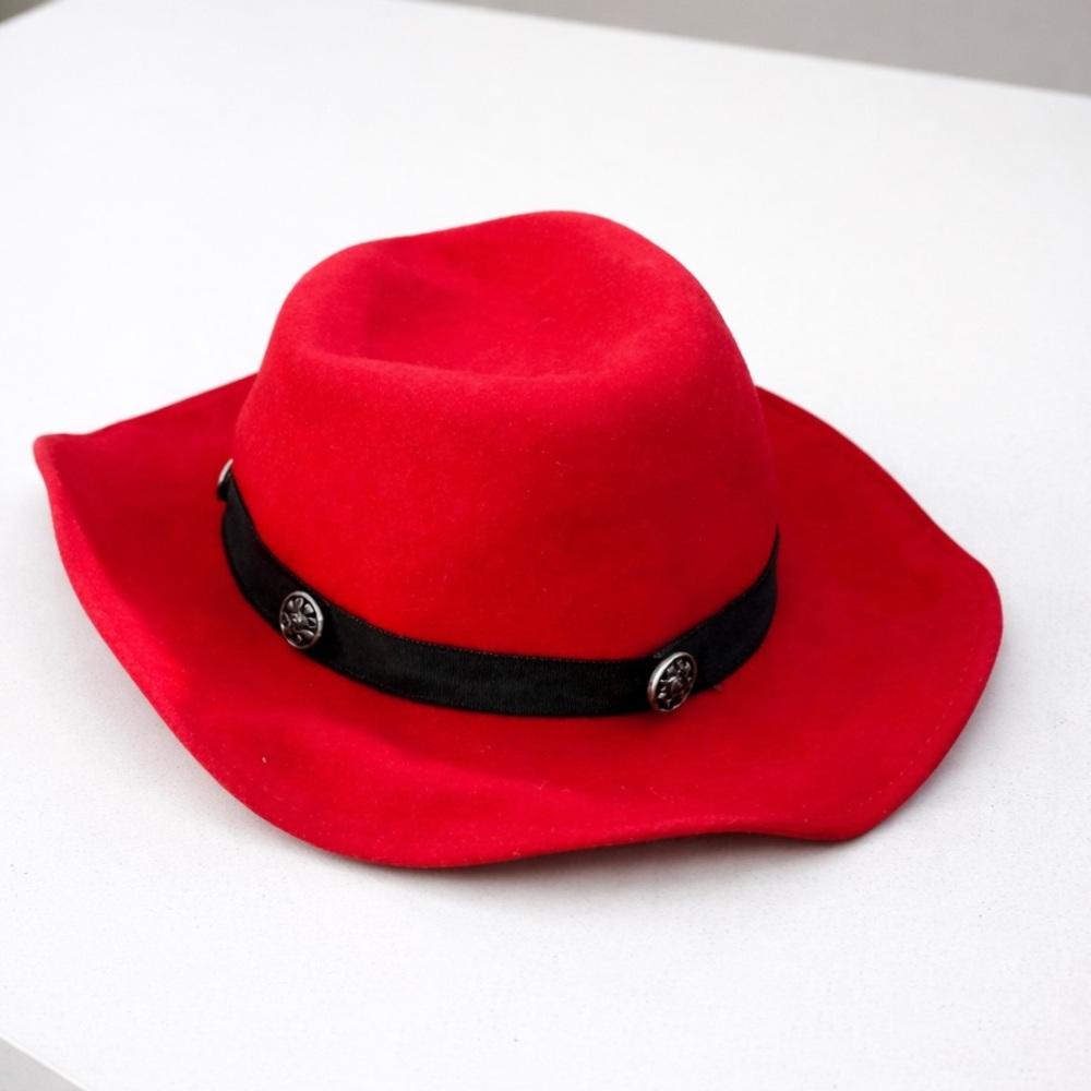 Vintage 60s Bollman Red Wool Ruffled Wide Brim Hat